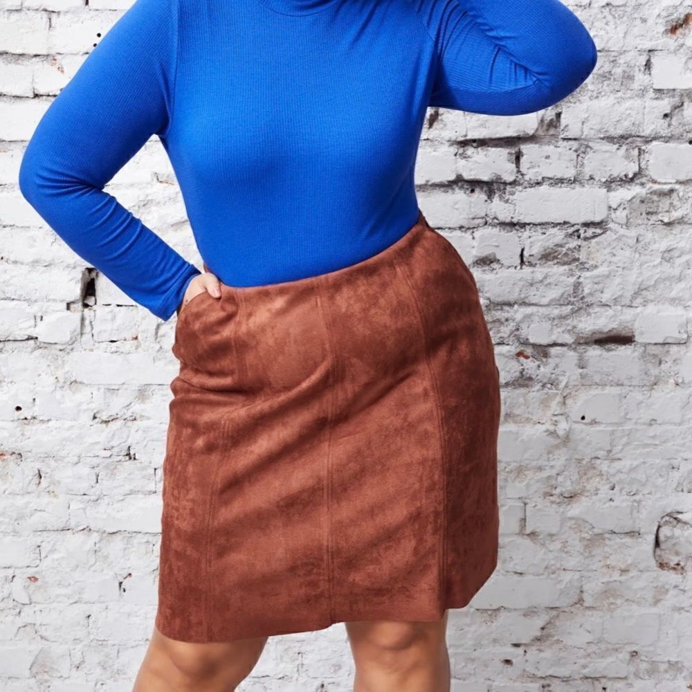 Ulla Popken Faux Suede Seam Detail Stretch Skirt, Gold Brown 20/22